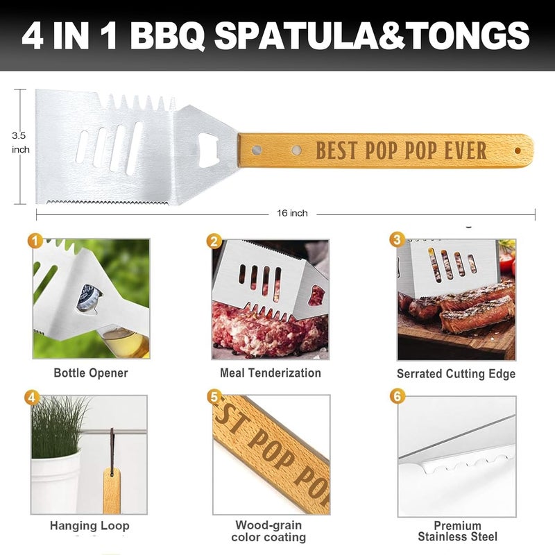 LEWARAN Poppop Gifts from Grandkids, Pop Pop Christmas Grilling Gift Heavy Duty Wooden BBQ Grilling Accessories Kit, Thick Stainless Steel Grill Utensils with Non-Slip Handle Tools in Portable Bag - Image 4